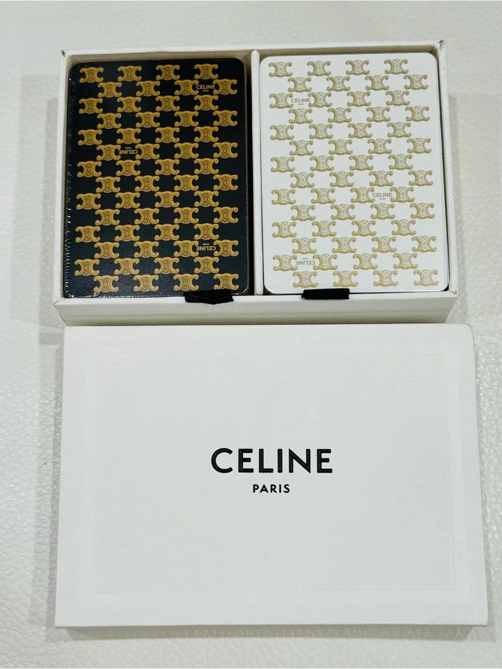 CELINE Black & White Patterned Playing Cards in Box - Gold Accents